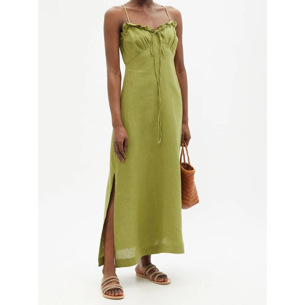 Casa Raki Selina Organic-Linen Voile Midi Dress Olive Green